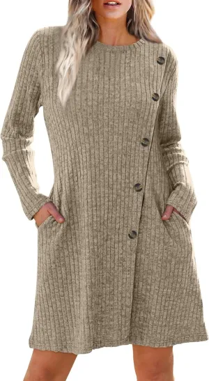 COTECRAM Fall Dresses for Women 2024 Trendy Buttons Side Long Sleeve Dress Casual Winter Tunic Sweater Dresses with Pockets