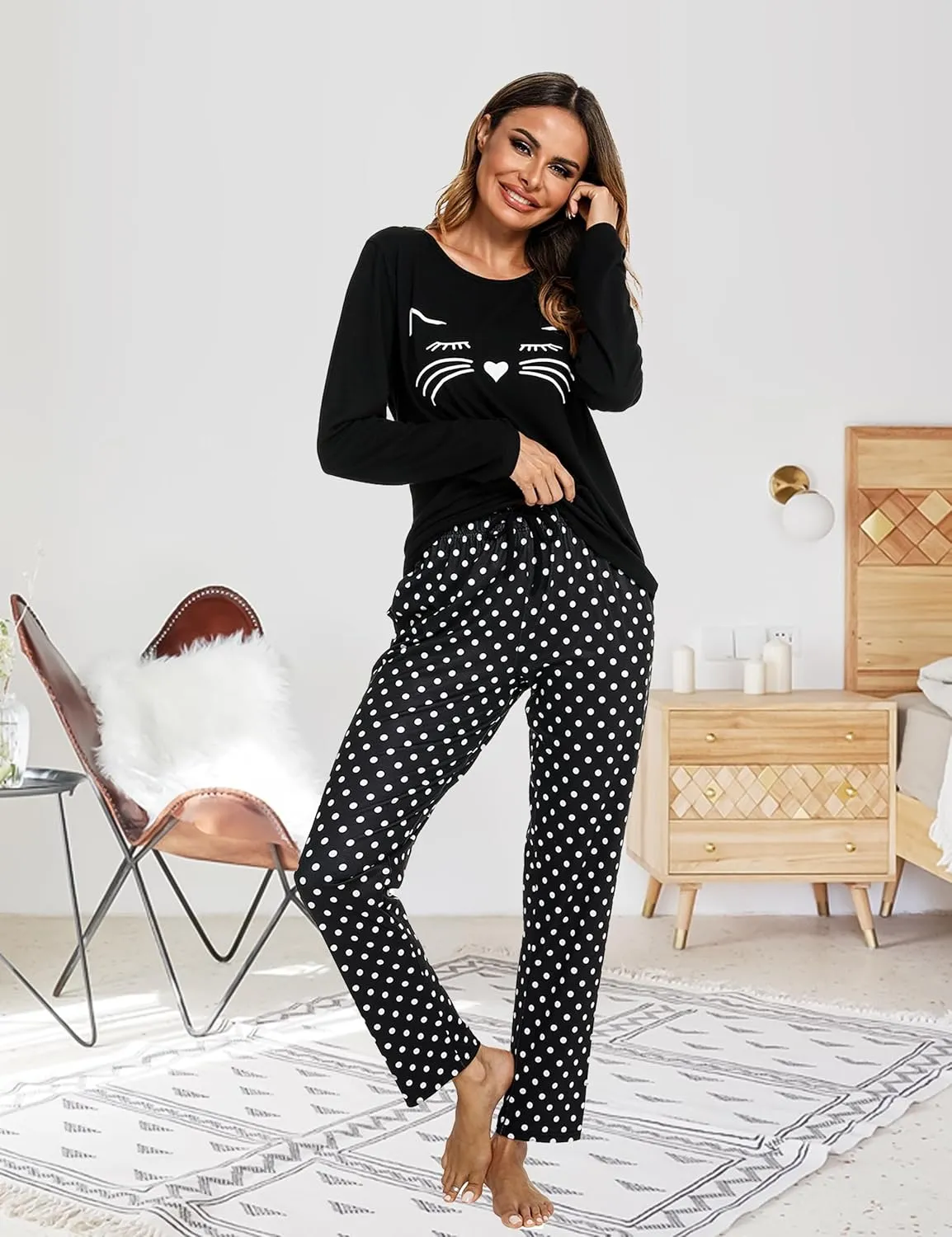 Cotton Pajamas For Women Set Long Sleeve Sleepwear with Pants Soft Comfy Cute Cat Printed Pj Lounge Sets S-XXL