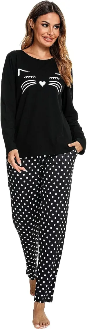 Cotton Pajamas For Women Set Long Sleeve Sleepwear with Pants Soft Comfy Cute Cat Printed Pj Lounge Sets S-XXL