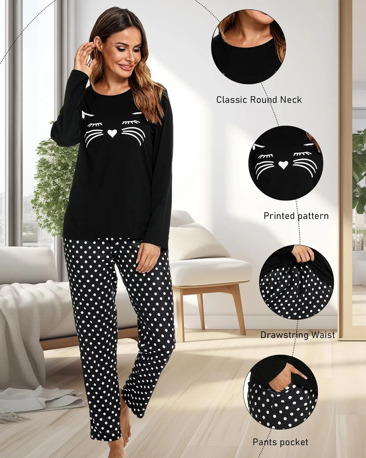 Cotton Pajamas For Women Set Long Sleeve Sleepwear with Pants Soft Comfy Cute Cat Printed Pj Lounge Sets S-XXL