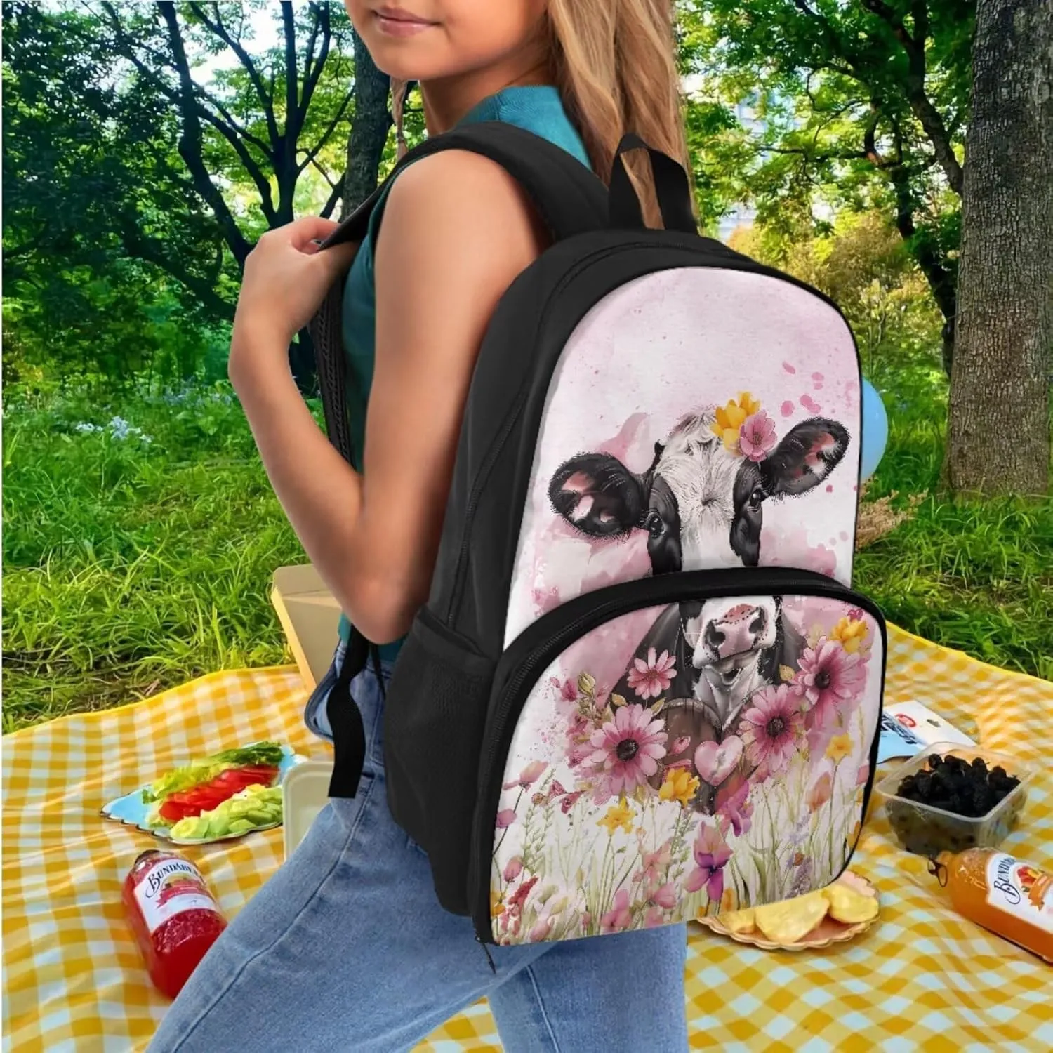 Cow Backpack for School Boys Girls Pencil Case Set of 2 Pack Meal Prep Backpack Insulated Cooler Lunch Backpack with Computer Compartment