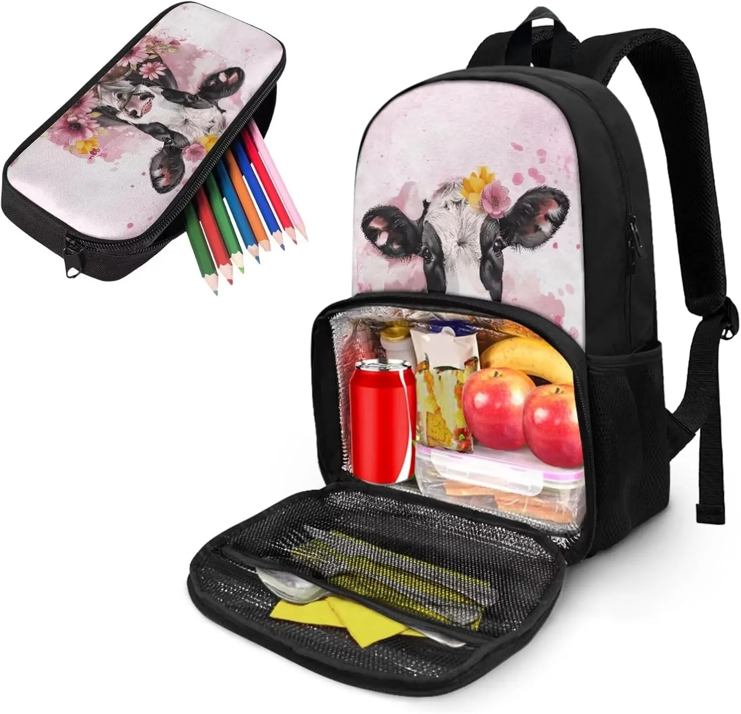 Cow Backpack for School Boys Girls Pencil Case Set of 2 Pack Meal Prep Backpack Insulated Cooler Lunch Backpack with Computer Compartment