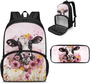 Cow Backpack for School Boys Girls Pencil Case Set of 2 Pack Meal Prep Backpack Insulated Cooler Lunch Backpack with Computer Compartment