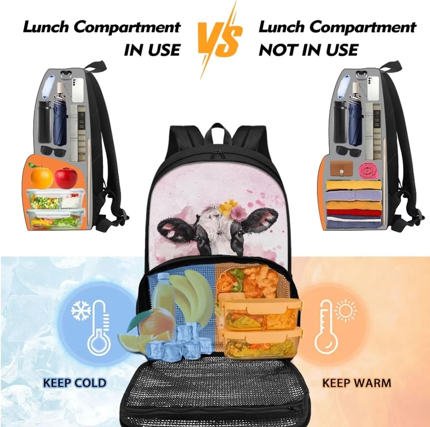Cow Backpack for School Boys Girls Pencil Case Set of 2 Pack Meal Prep Backpack Insulated Cooler Lunch Backpack with Computer Compartment