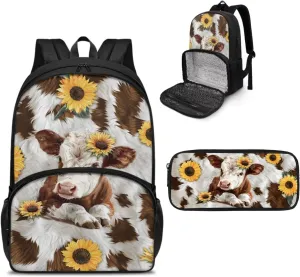 Cow Sunflower Backpacks with Lunch Compartment, Lunch Backpack for School Boys Girls Bookbag with Pencil Case 2 Pack Set