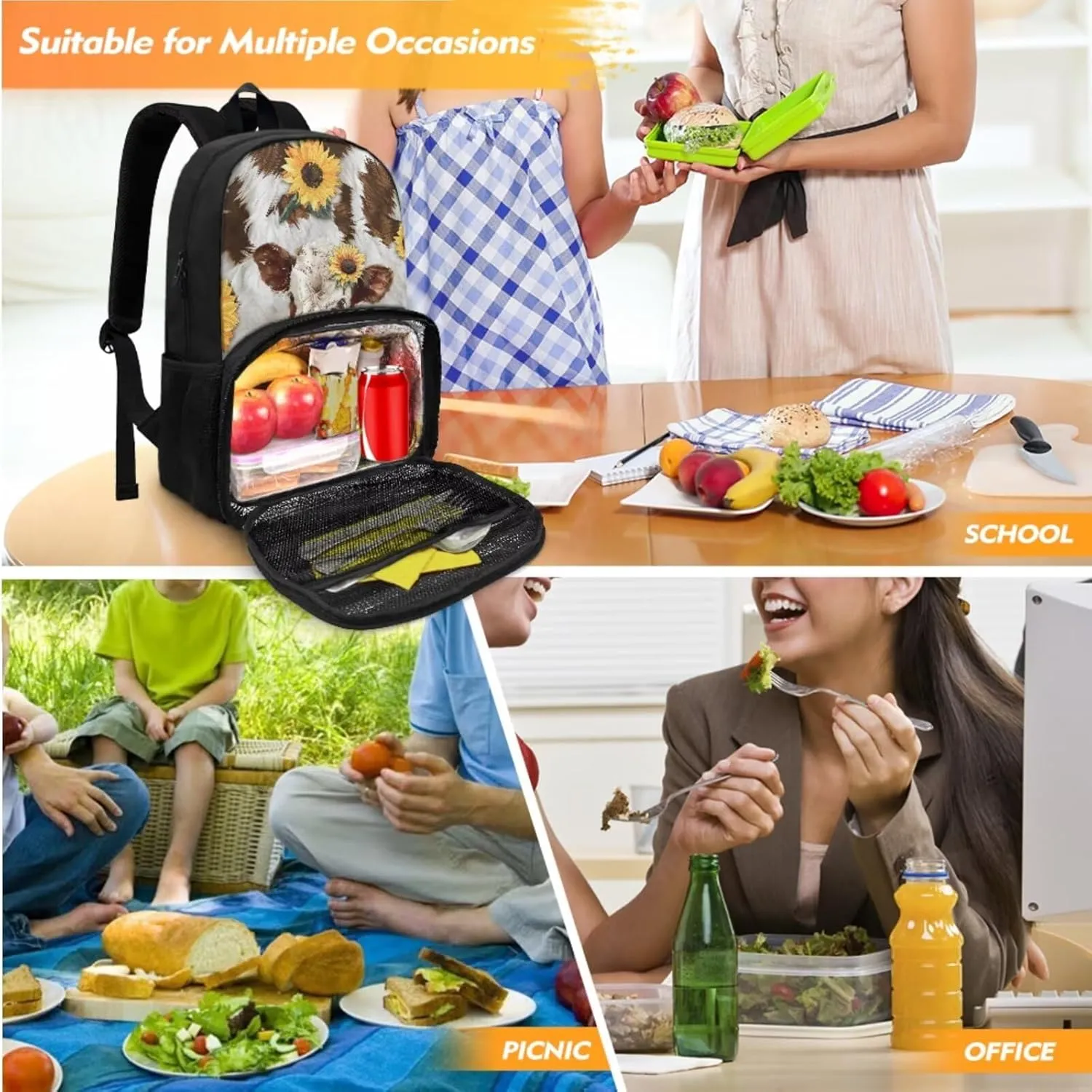 Cow Sunflower Backpacks with Lunch Compartment, Lunch Backpack for School Boys Girls Bookbag with Pencil Case 2 Pack Set