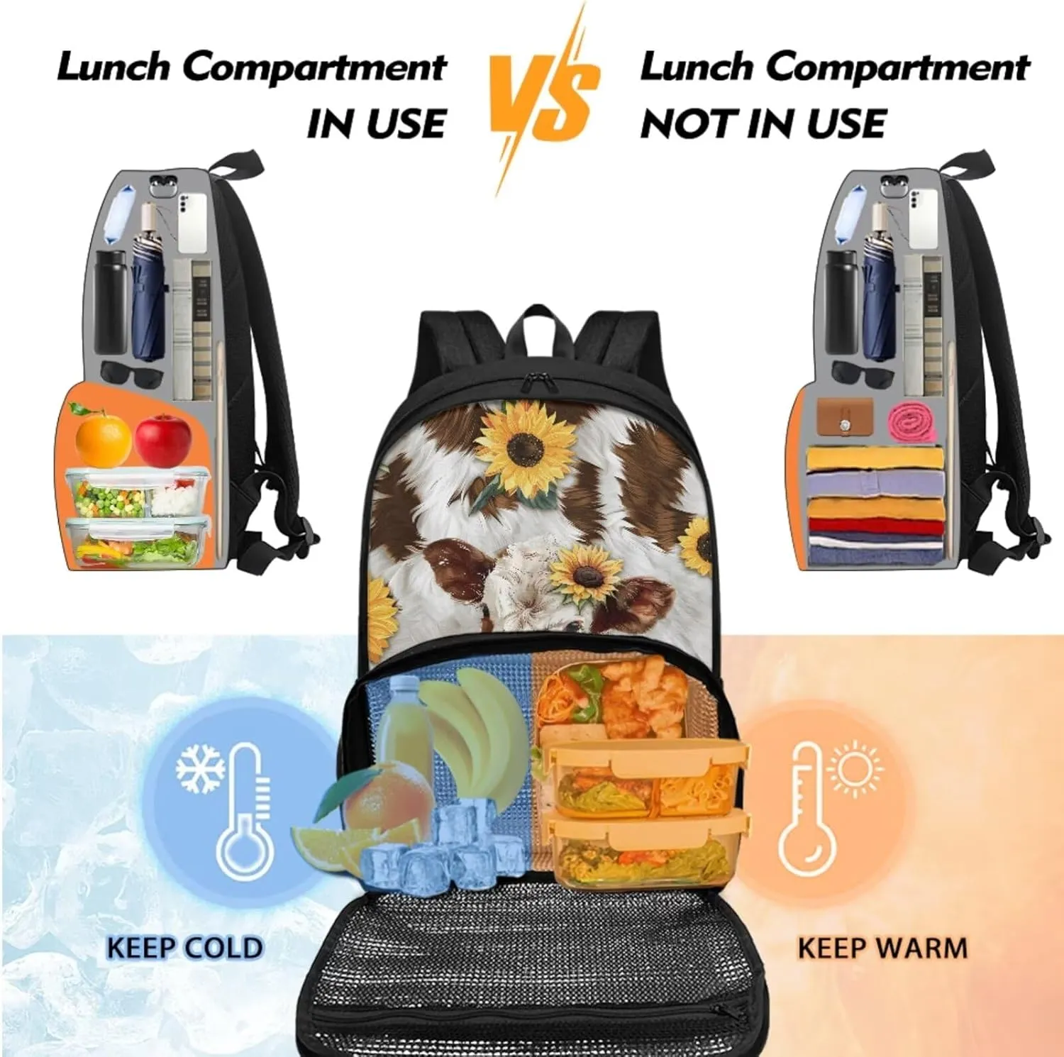 Cow Sunflower Backpacks with Lunch Compartment, Lunch Backpack for School Boys Girls Bookbag with Pencil Case 2 Pack Set