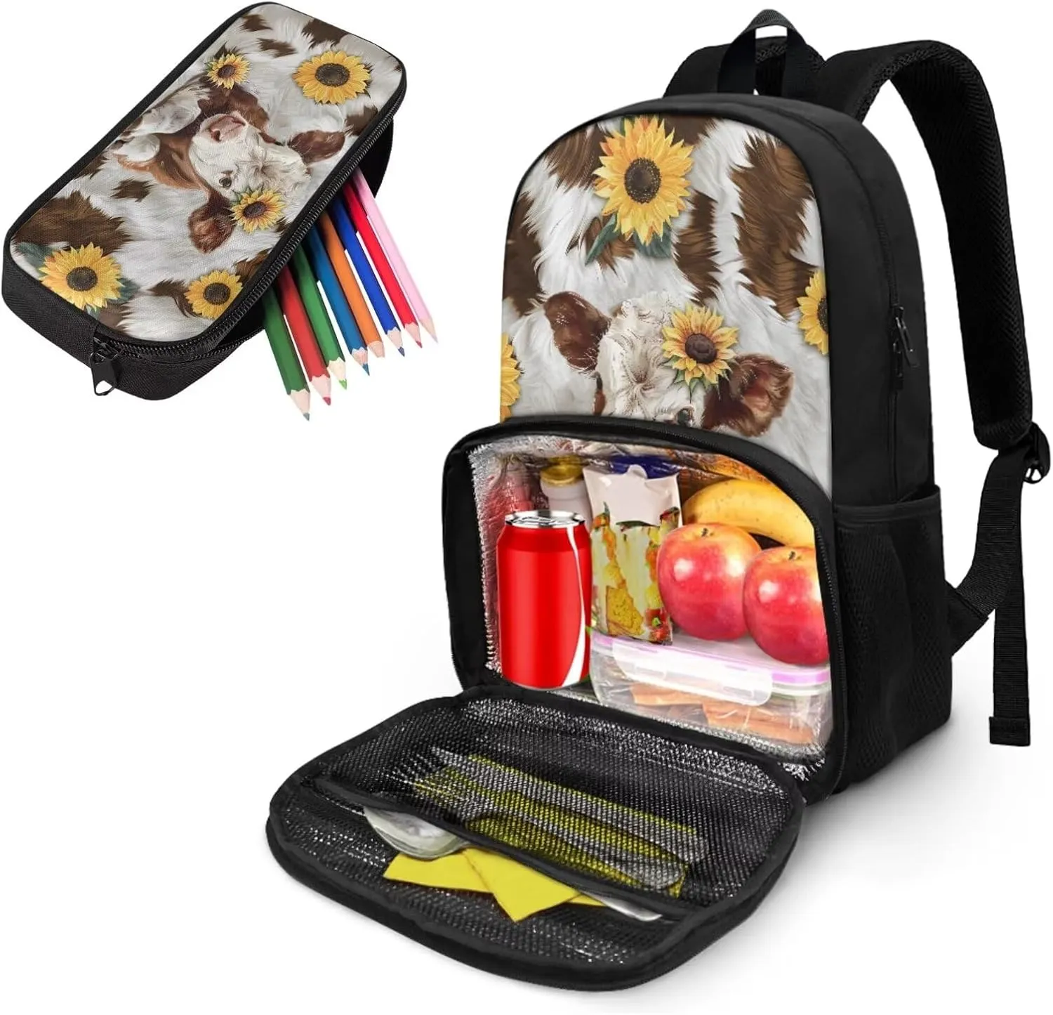 Cow Sunflower Backpacks with Lunch Compartment, Lunch Backpack for School Boys Girls Bookbag with Pencil Case 2 Pack Set