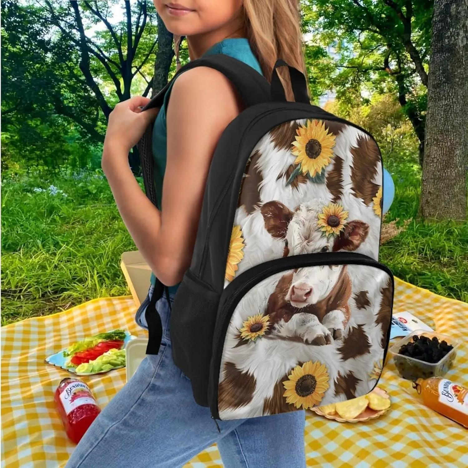 Cow Sunflower Backpacks with Lunch Compartment, Lunch Backpack for School Boys Girls Bookbag with Pencil Case 2 Pack Set