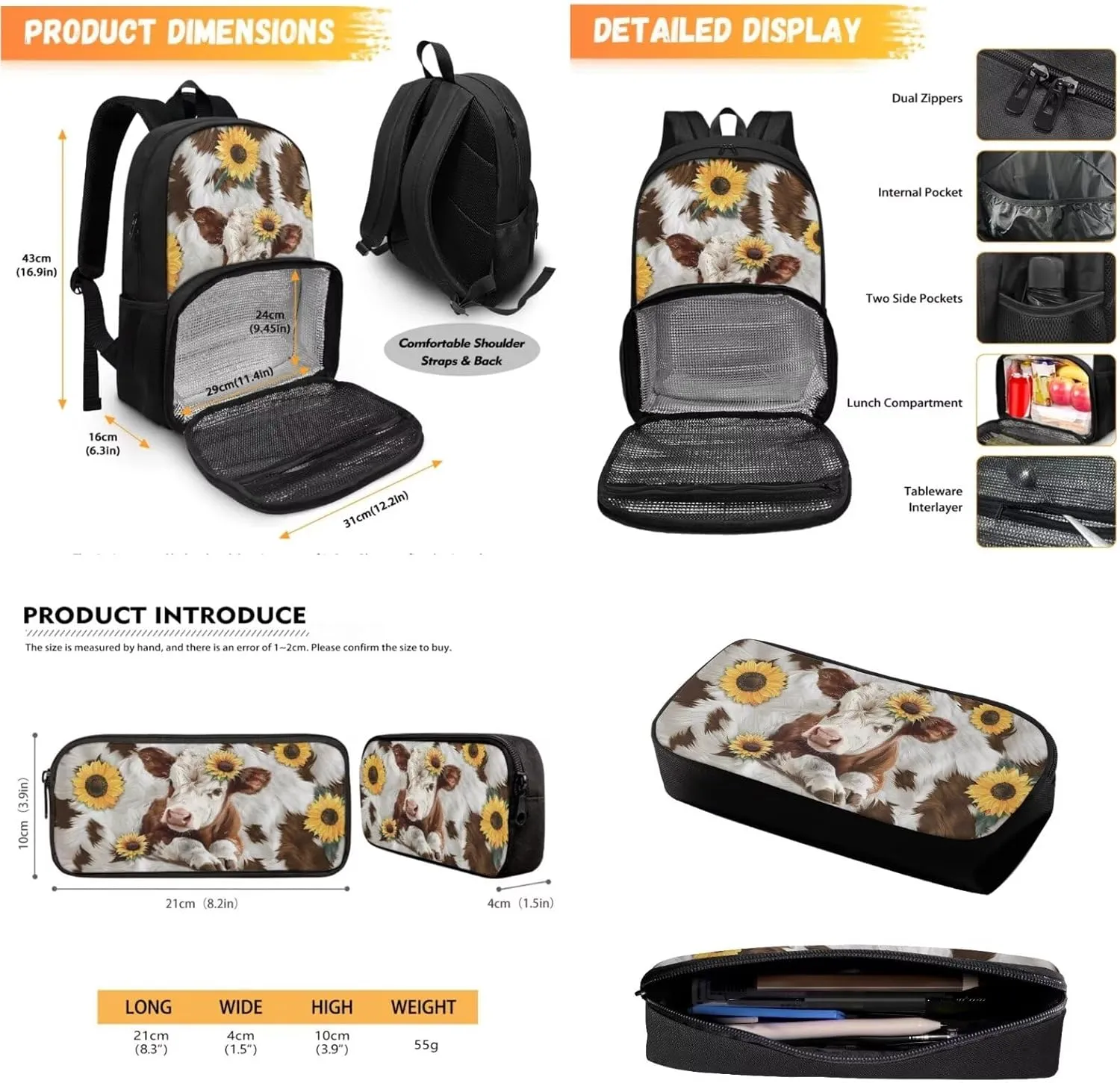 Cow Sunflower Backpacks with Lunch Compartment, Lunch Backpack for School Boys Girls Bookbag with Pencil Case 2 Pack Set