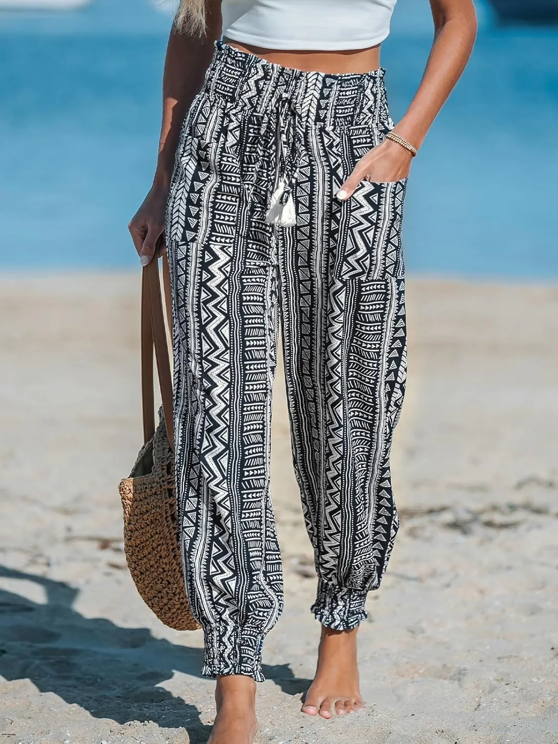 CUPSHE Women Pants Smocked Waist Tie Boho Tapered Lace Up Loose Fit Pant Casual Beach