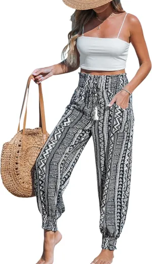 CUPSHE Women Pants Smocked Waist Tie Boho Tapered Lace Up Loose Fit Pant Casual Beach