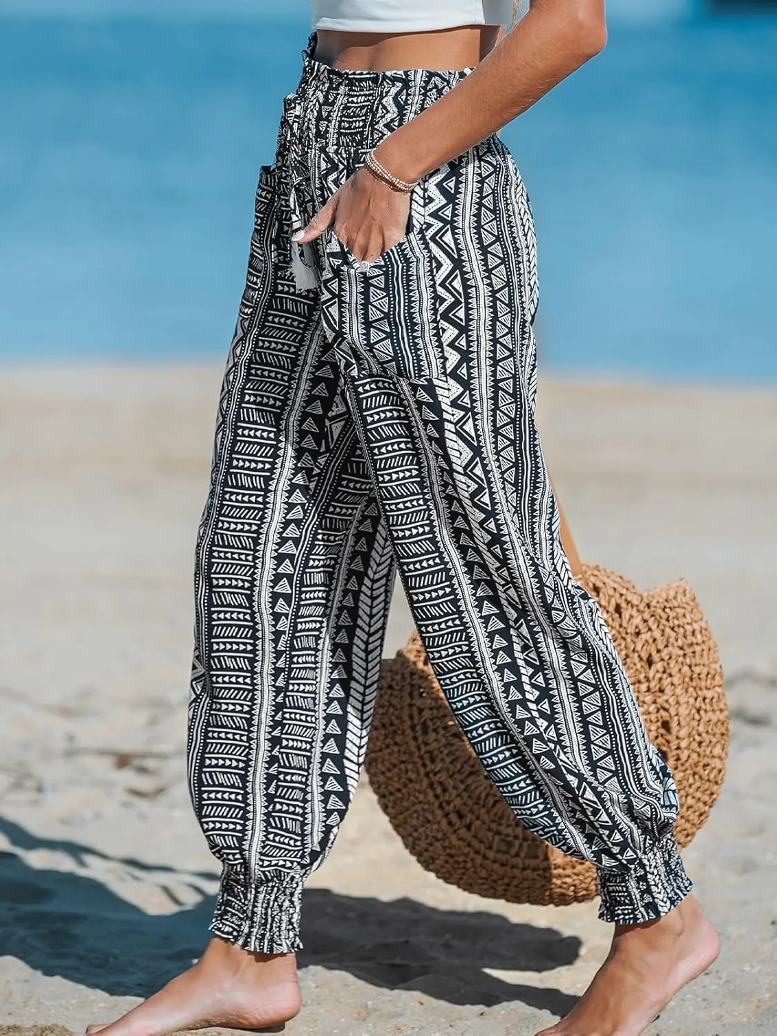 CUPSHE Women Pants Smocked Waist Tie Boho Tapered Lace Up Loose Fit Pant Casual Beach