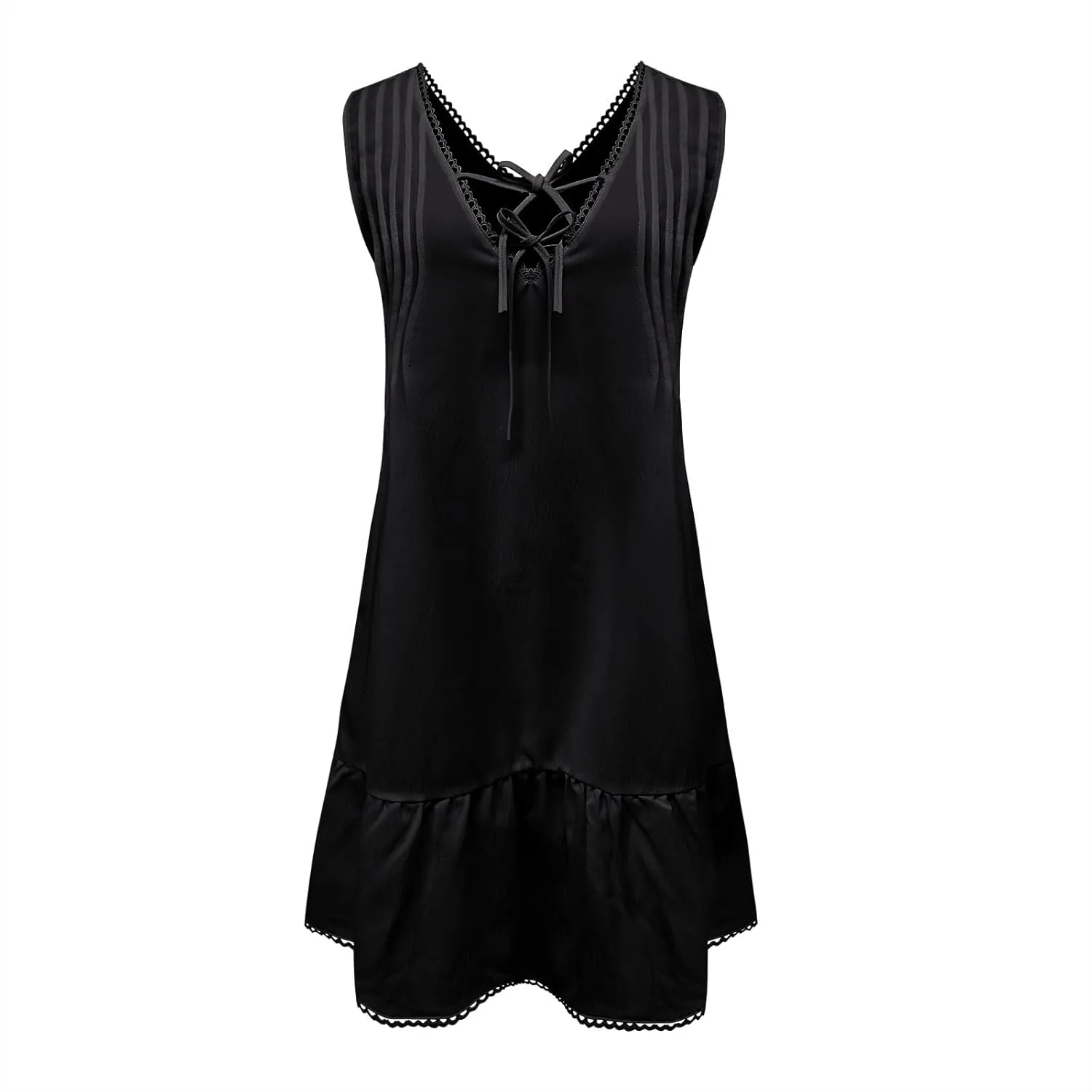 Cute Bow Deep V Neck Beach Dress Women Pleated Front Sleeveless Mini Dresses Summer Ruffle Hem Casual Sexy Sundress
