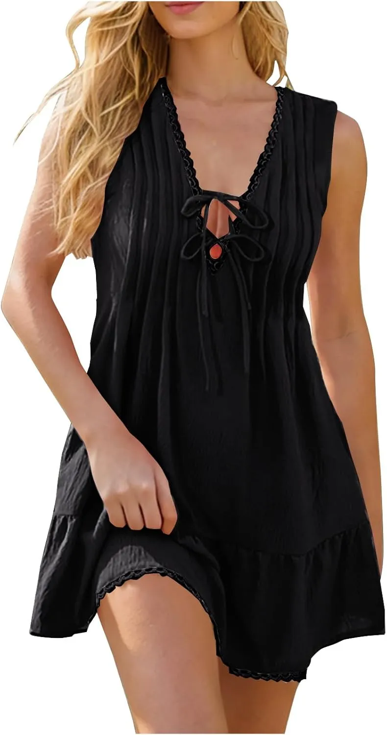 Cute Bow Deep V Neck Beach Dress Women Pleated Front Sleeveless Mini Dresses Summer Ruffle Hem Casual Sexy Sundress