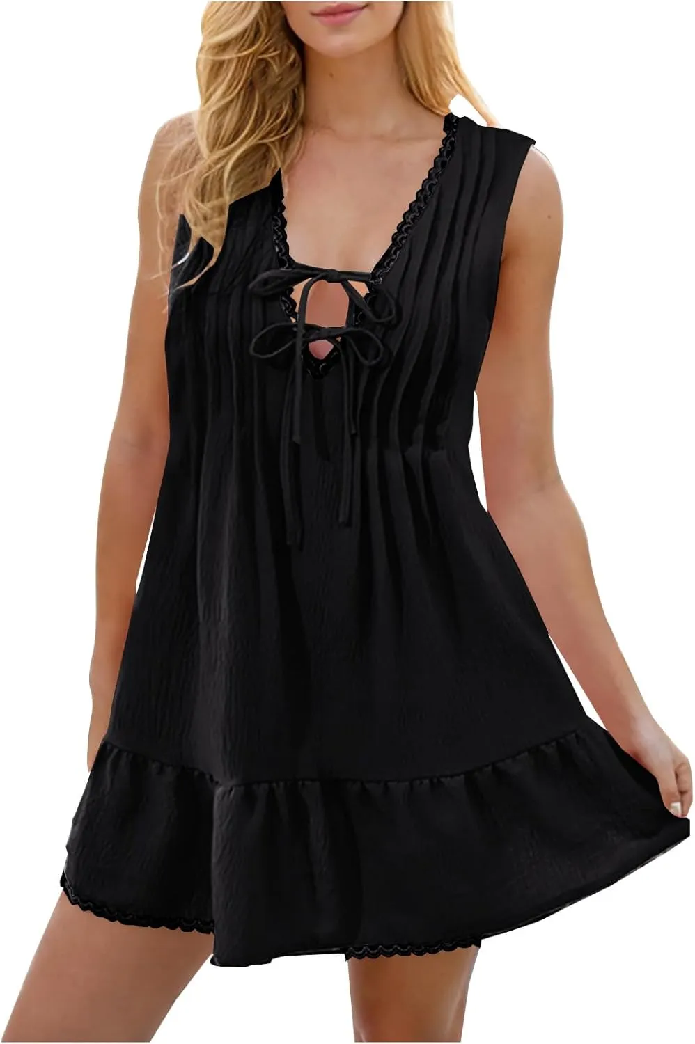 Cute Bow Deep V Neck Beach Dress Women Pleated Front Sleeveless Mini Dresses Summer Ruffle Hem Casual Sexy Sundress