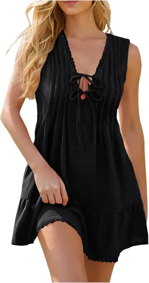 Cute Bow Deep V Neck Beach Dress Women Pleated Front Sleeveless Mini Dresses Summer Ruffle Hem Casual Sexy Sundress