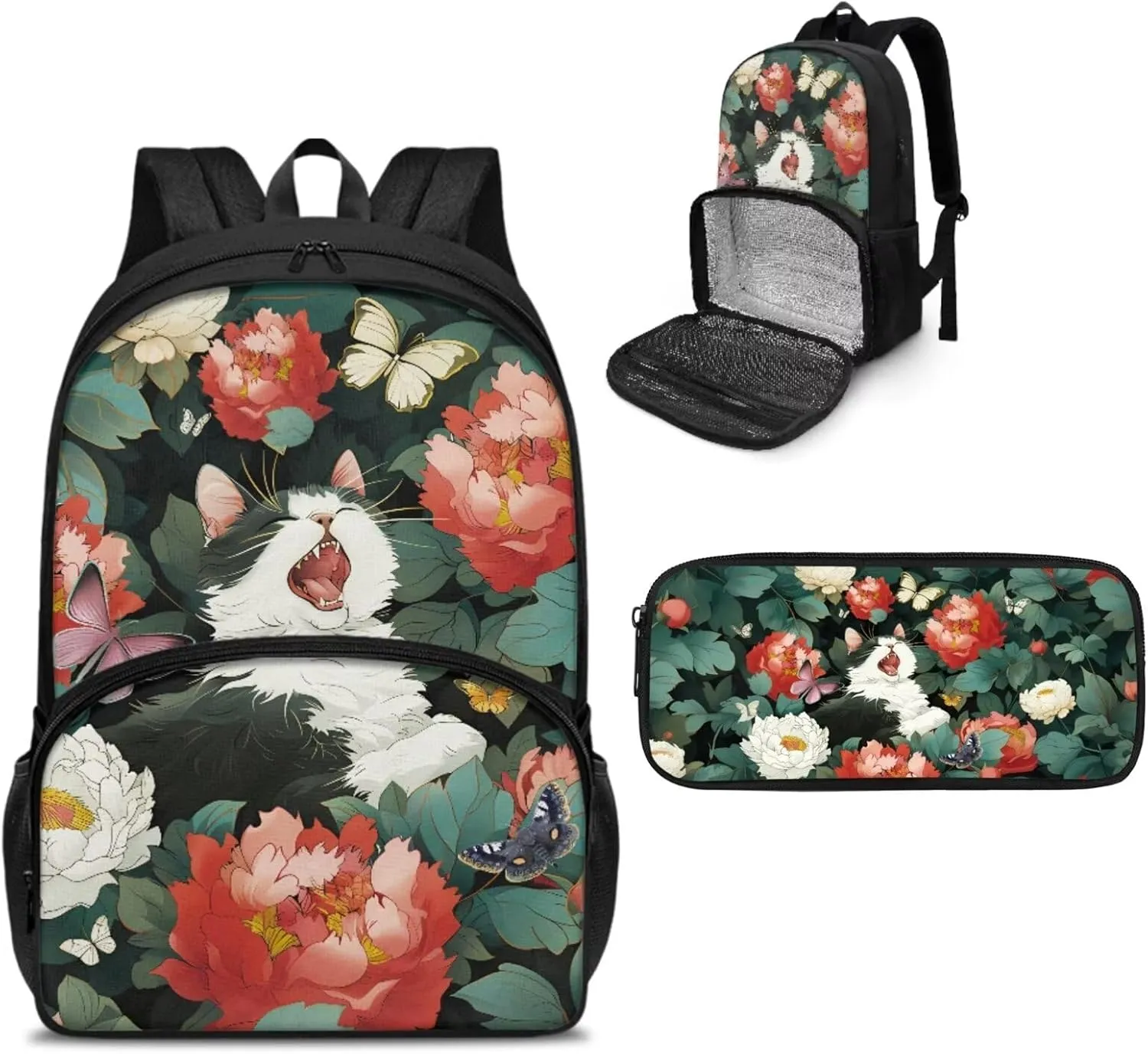 Cute Cat Backpack for Girls Boys Book Bag with Pencil Pouch 2pcs Flower Backpack Set for School Bookbags Preschool Elementary Kindergarten Backpack