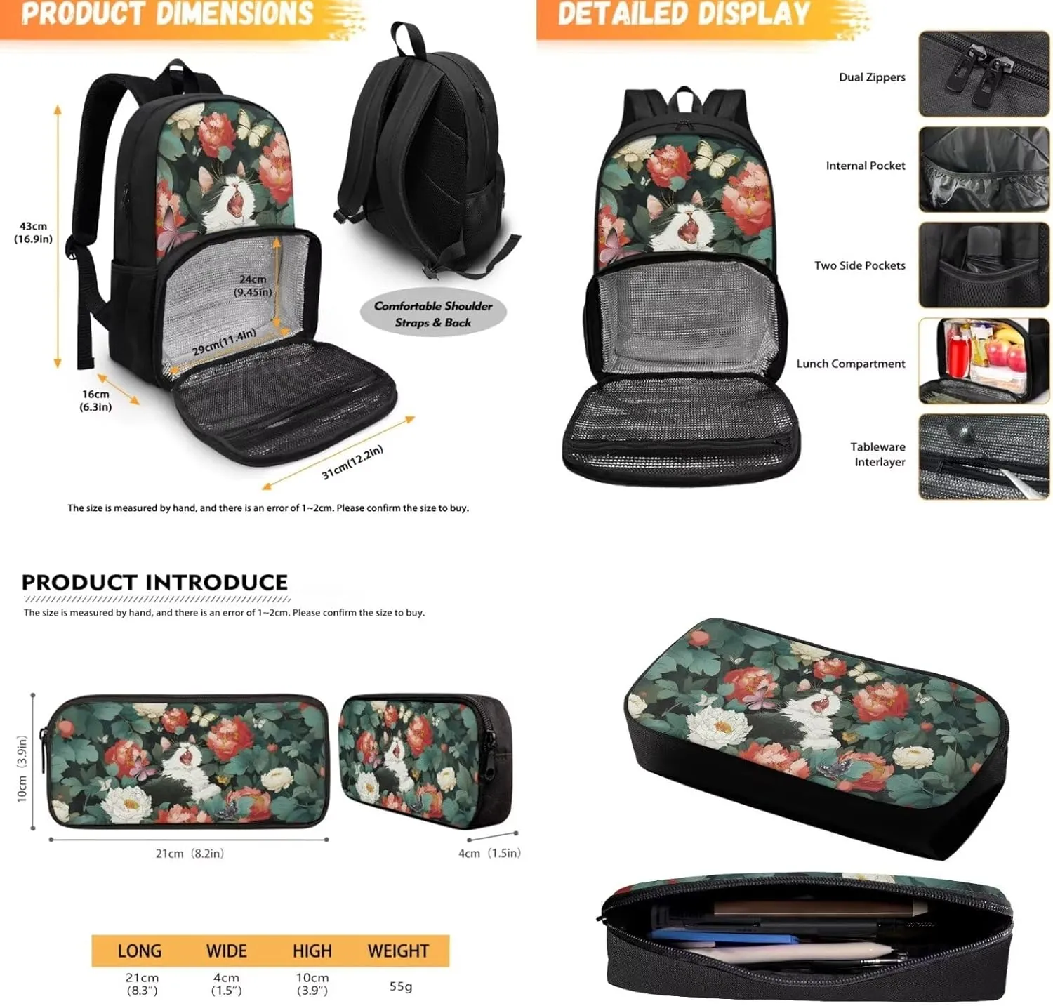 Cute Cat Backpack for Girls Boys Book Bag with Pencil Pouch 2pcs Flower Backpack Set for School Bookbags Preschool Elementary Kindergarten Backpack