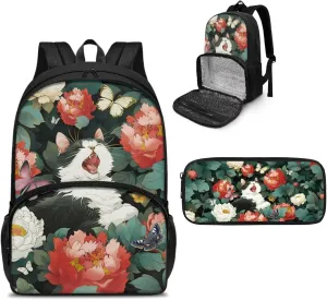Cute Cat Backpack for Girls Boys Book Bag with Pencil Pouch 2pcs Flower Backpack Set for School Bookbags Preschool Elementary Kindergarten Backpack