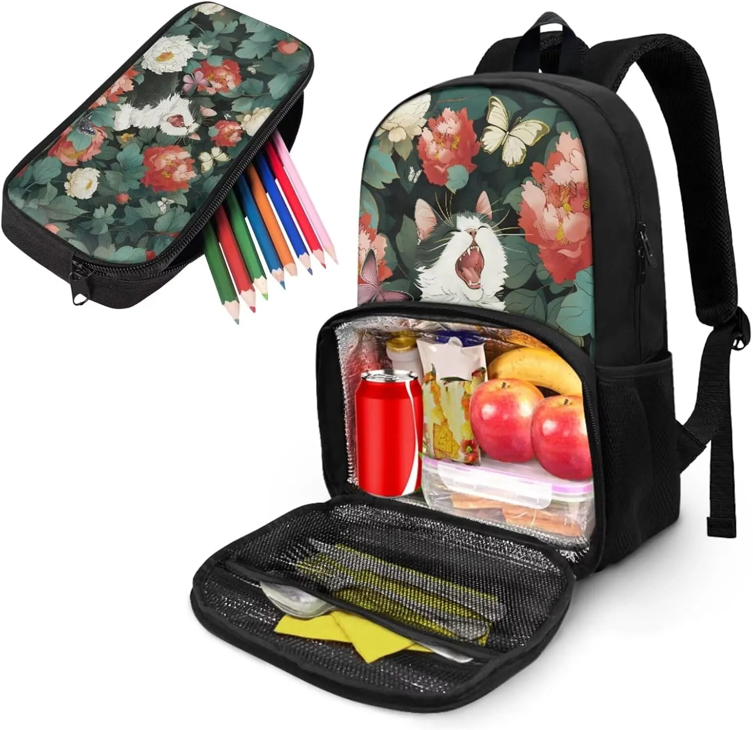 Cute Cat Backpack for Girls Boys Book Bag with Pencil Pouch 2pcs Flower Backpack Set for School Bookbags Preschool Elementary Kindergarten Backpack