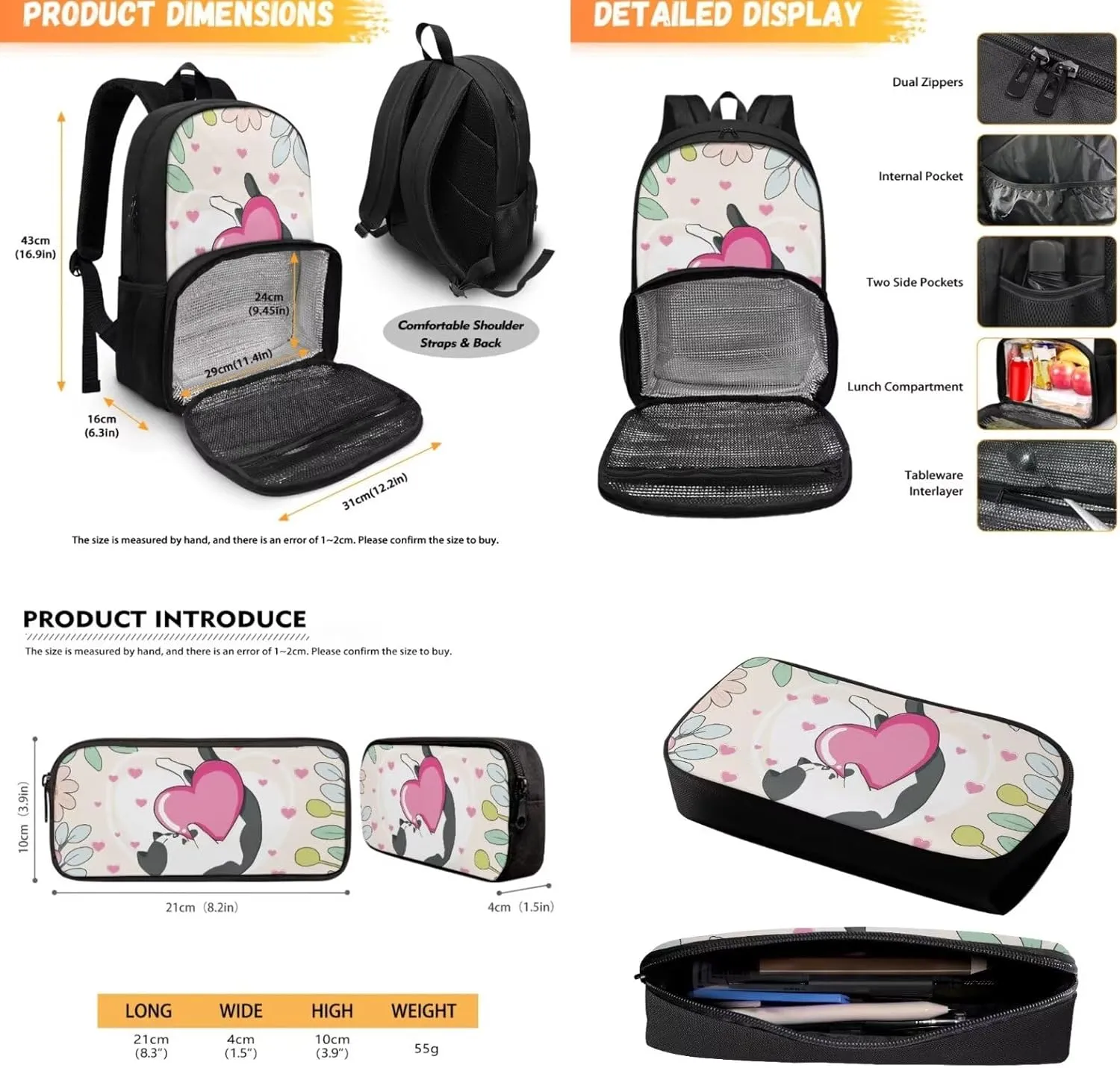 Cute Cat Backpack for Girls Pencil Case Insulated Cooler Backpack with Lunch Box for Kids Boys Backpacks School Bookbag for Preschool Elementary Middle School