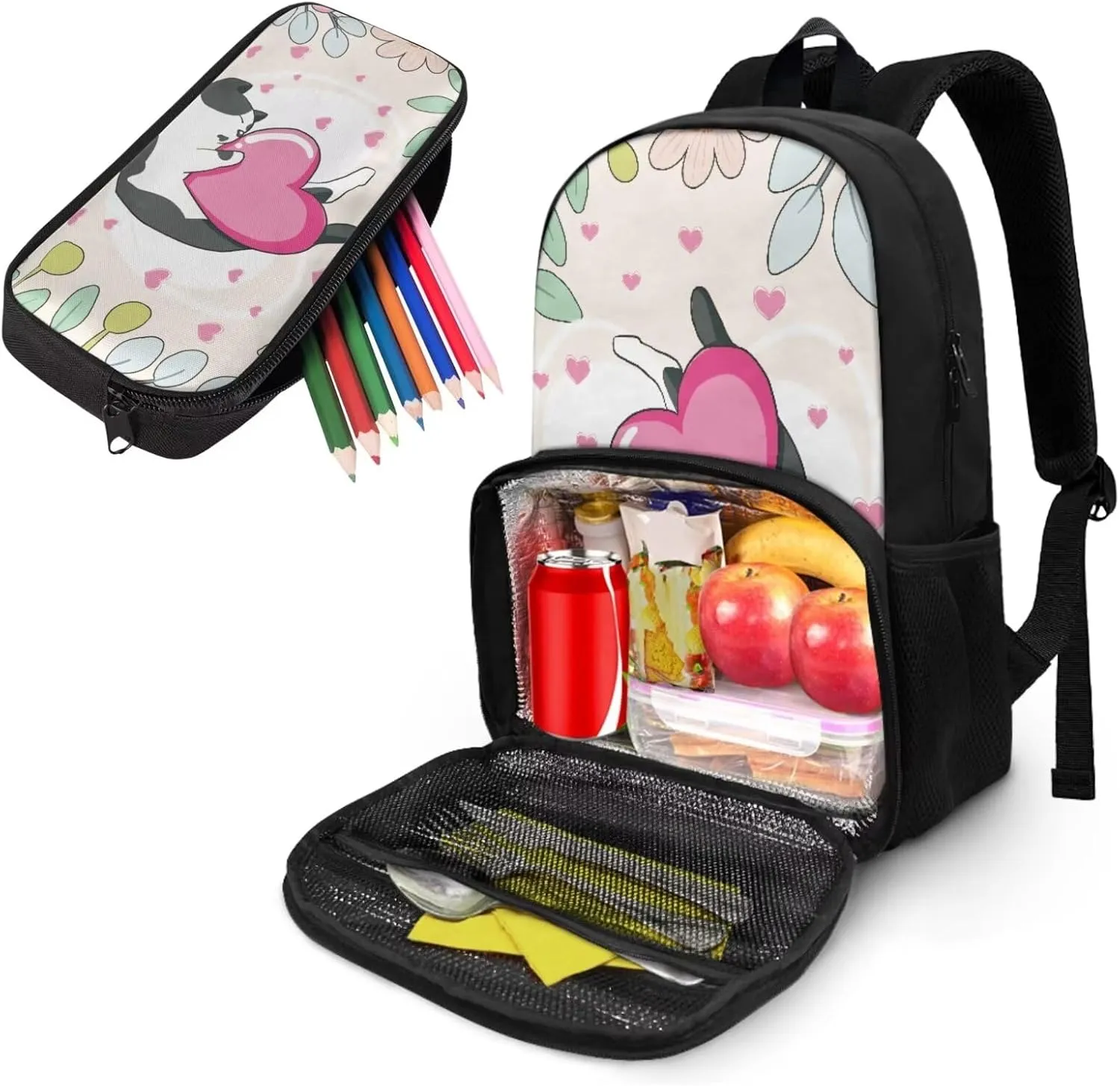 Cute Cat Backpack for Girls Pencil Case Insulated Cooler Backpack with Lunch Box for Kids Boys Backpacks School Bookbag for Preschool Elementary Middle School