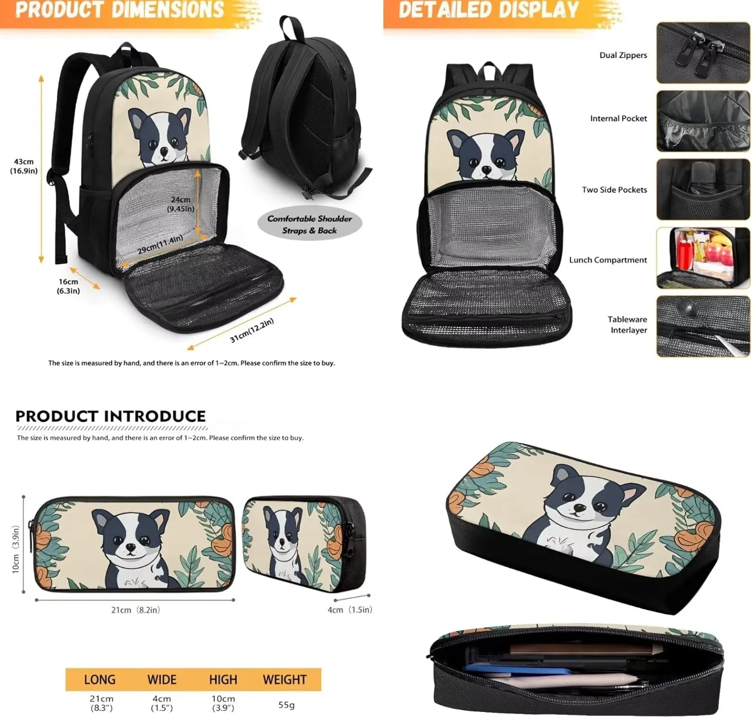 Cute Dog Backpack for School Girls School Bag Kids Toddler Backpack for Boys Pen Case Lunch Backpack Set for Elementary Preschool Kindergarten School Bookbags