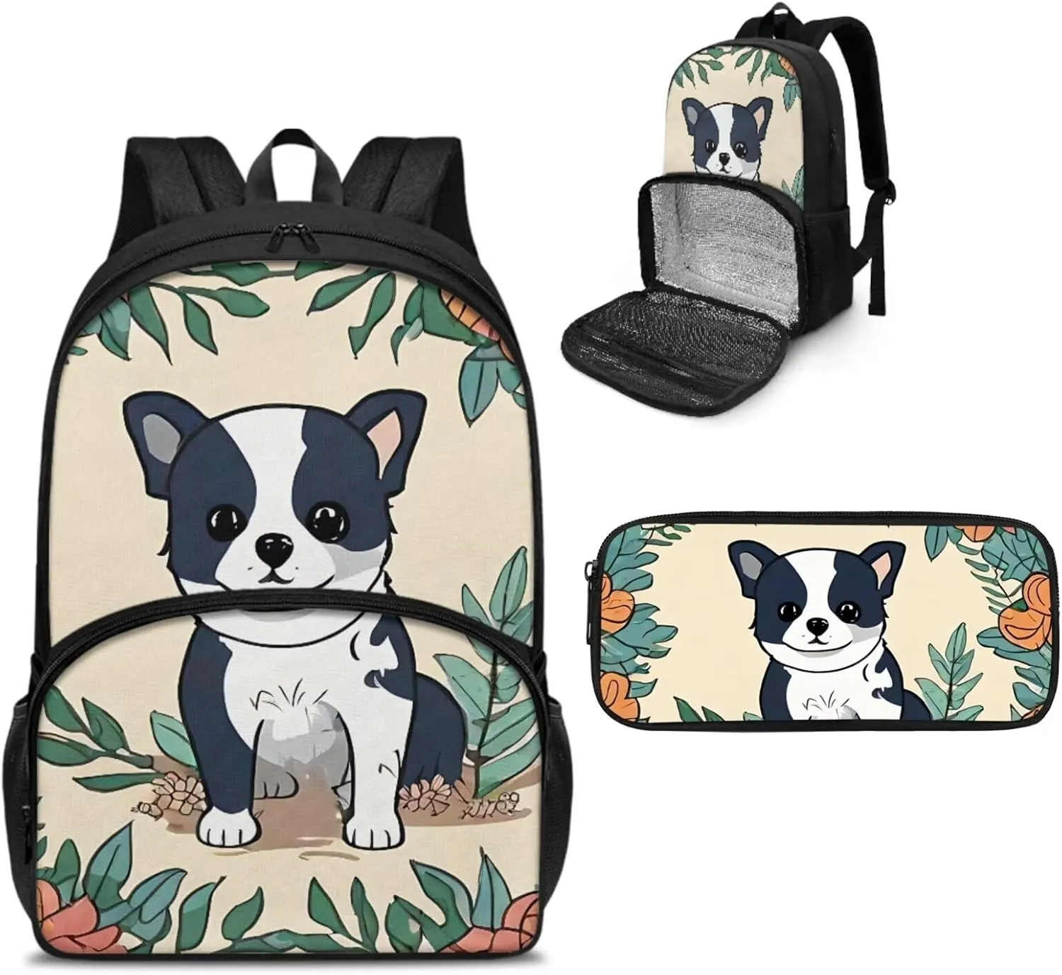 Cute Dog Backpack for School Girls School Bag Kids Toddler Backpack for Boys Pen Case Lunch Backpack Set for Elementary Preschool Kindergarten School Bookbags