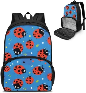 Cute Red Ladybug Print Carry On Backpack Cartoon Animal Ladybugs Pattern Travel Work Laptop Bag Lunch Backpack 17 Inch Person Item Bookbag, Blue