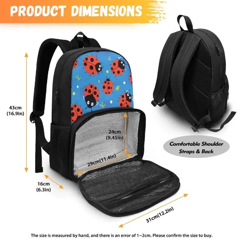 Cute Red Ladybug Print Carry On Backpack Cartoon Animal Ladybugs Pattern Travel Work Laptop Bag Lunch Backpack 17 Inch Person Item Bookbag, Blue