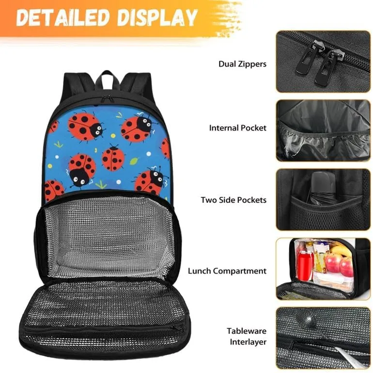 Cute Red Ladybug Print Carry On Backpack Cartoon Animal Ladybugs Pattern Travel Work Laptop Bag Lunch Backpack 17 Inch Person Item Bookbag, Blue