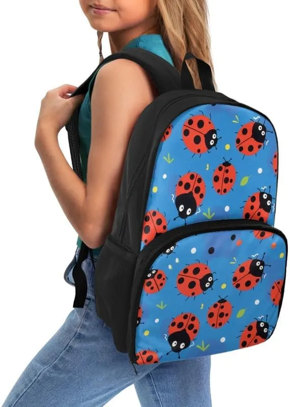 Cute Red Ladybug Print Carry On Backpack Cartoon Animal Ladybugs Pattern Travel Work Laptop Bag Lunch Backpack 17 Inch Person Item Bookbag, Blue