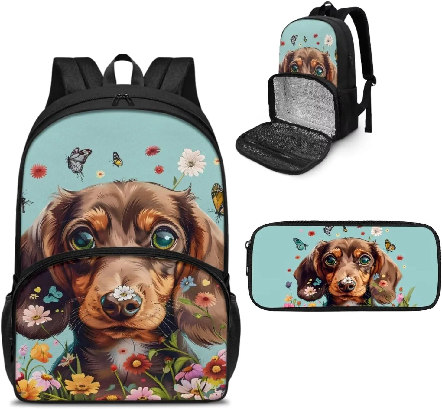 Dachshund Dog Backpack for Boys Bookbag with Lunch Box Compartment and Pencil Case, Cooler Backpack Lunch Bag 2 in 1 Schoolbag Set
