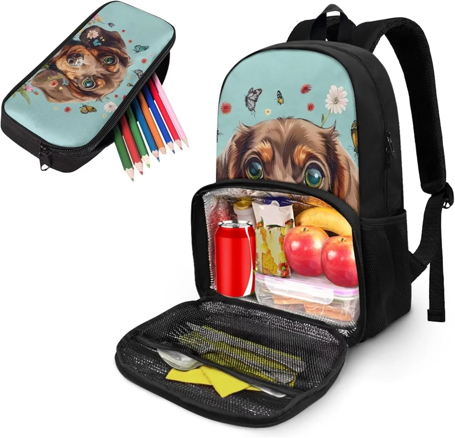 Dachshund Dog Backpack for Boys Bookbag with Lunch Box Compartment and Pencil Case, Cooler Backpack Lunch Bag 2 in 1 Schoolbag Set