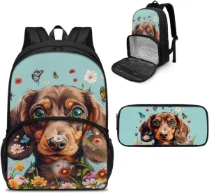 Dachshund Dog Backpack for Boys Bookbag with Lunch Box Compartment and Pencil Case, Cooler Backpack Lunch Bag 2 in 1 Schoolbag Set