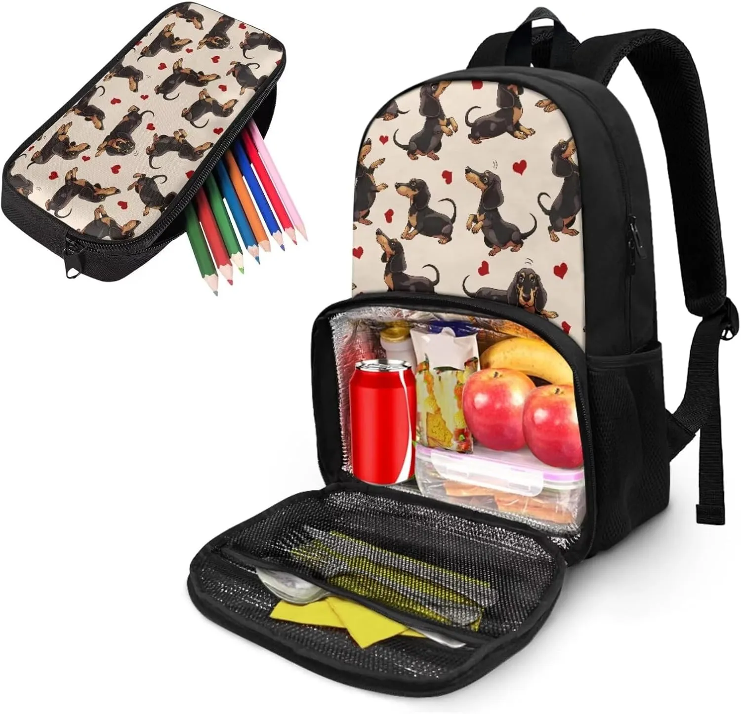 Dachshund Dog Backpack for School Teen Boys Backpacks for School Lunch Bag for Girls Kids Pen Case Lightweight Schoolbag for Travel Daypack High School College Bookbag