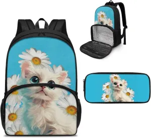 Daisy Cat Backpack for Girls Pencil Case Cooler Backpack Insulated Lunch Box for Kids Boys Bookbag for Preschool Elementary Middle School Backpacks