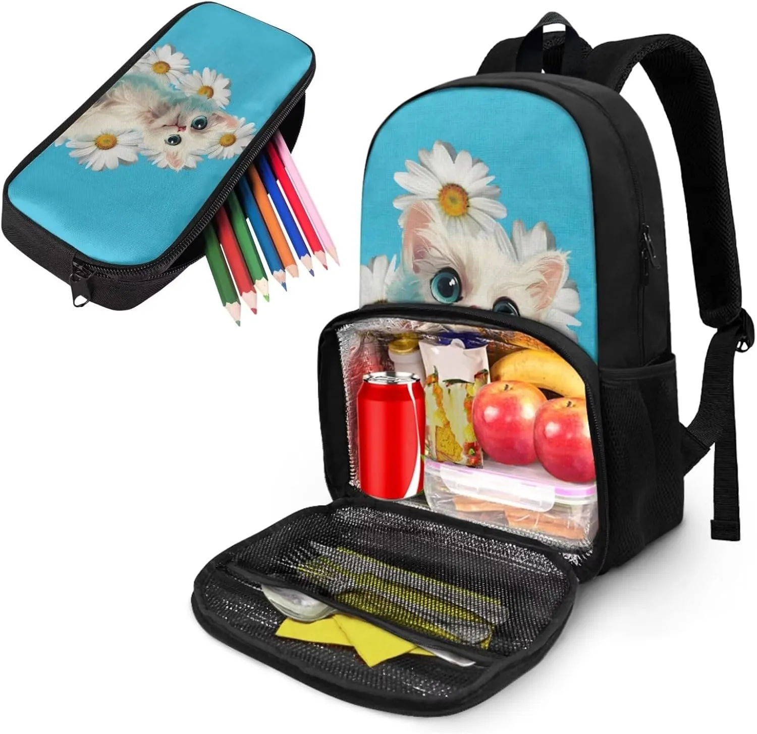 Daisy Cat Backpack for Girls Pencil Case Cooler Backpack Insulated Lunch Box for Kids Boys Bookbag for Preschool Elementary Middle School Backpacks