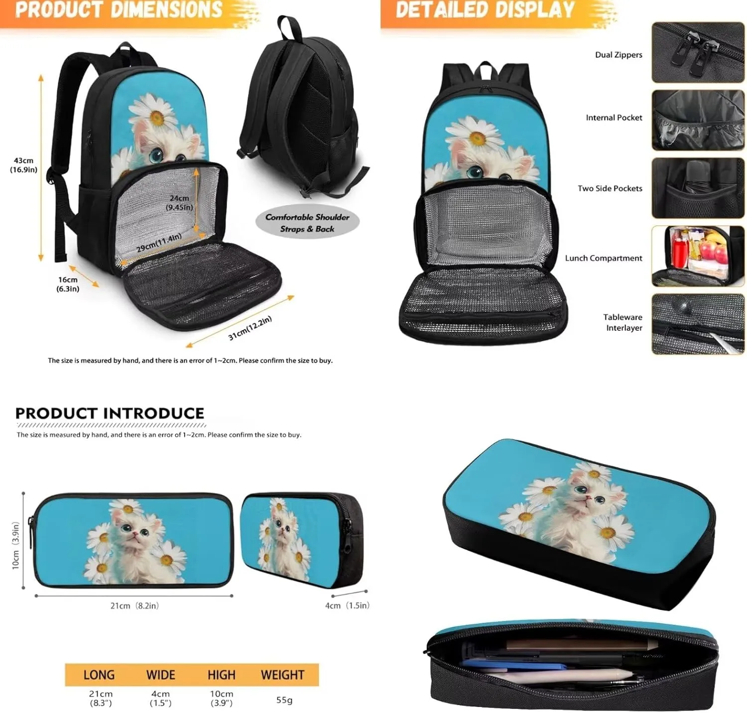 Daisy Cat Backpack for Girls Pencil Case Cooler Backpack Insulated Lunch Box for Kids Boys Bookbag for Preschool Elementary Middle School Backpacks