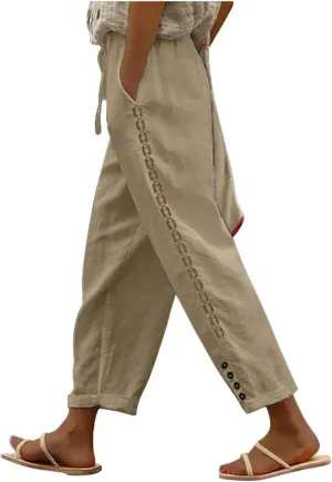 DASAYO Cotton Linen Pants Women Trendy Drawstring Elastic Waist Comfy Casual Trousers Ladies Boho Beach Pants with Pockets