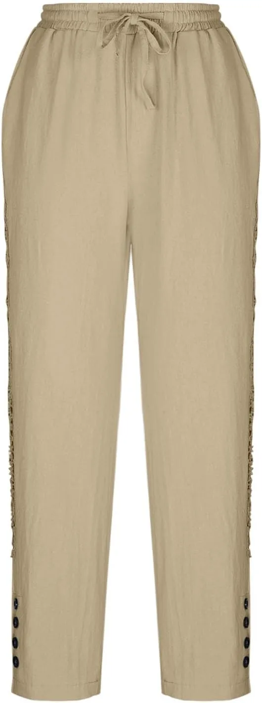 DASAYO Cotton Linen Pants Women Trendy Drawstring Elastic Waist Comfy Casual Trousers Ladies Boho Beach Pants with Pockets