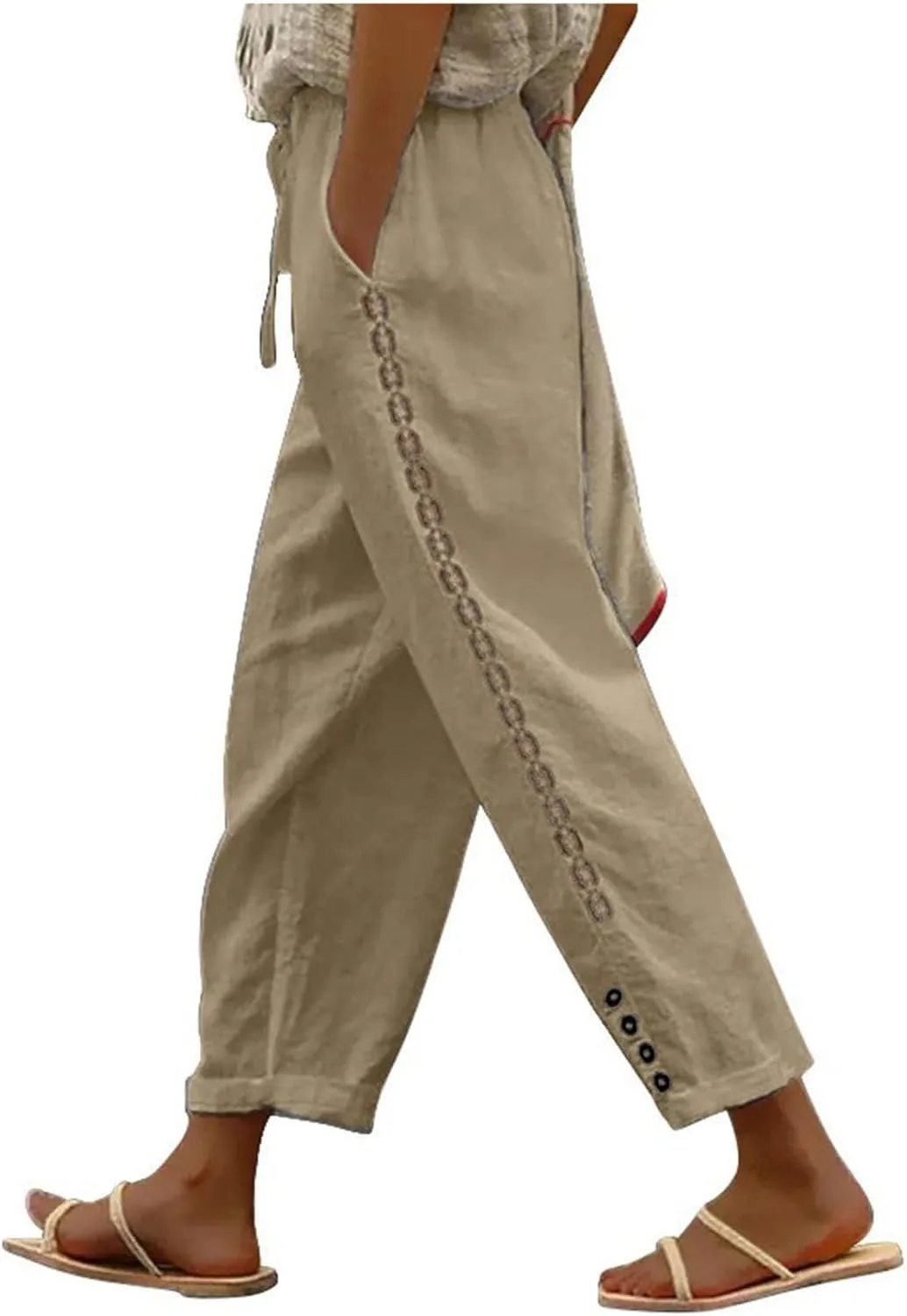 DASAYO Cotton Linen Pants Women Trendy Drawstring Elastic Waist Comfy Casual Trousers Ladies Boho Beach Pants with Pockets