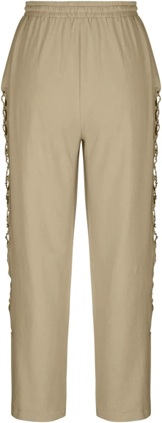 DASAYO Cotton Linen Pants Women Trendy Drawstring Elastic Waist Comfy Casual Trousers Ladies Boho Beach Pants with Pockets