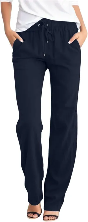 DASAYO Linen Pants Women Drawstring Elastic Waist Straight Leg Trousers Ladies Lightweight Casual Summmer Pants with Pockets