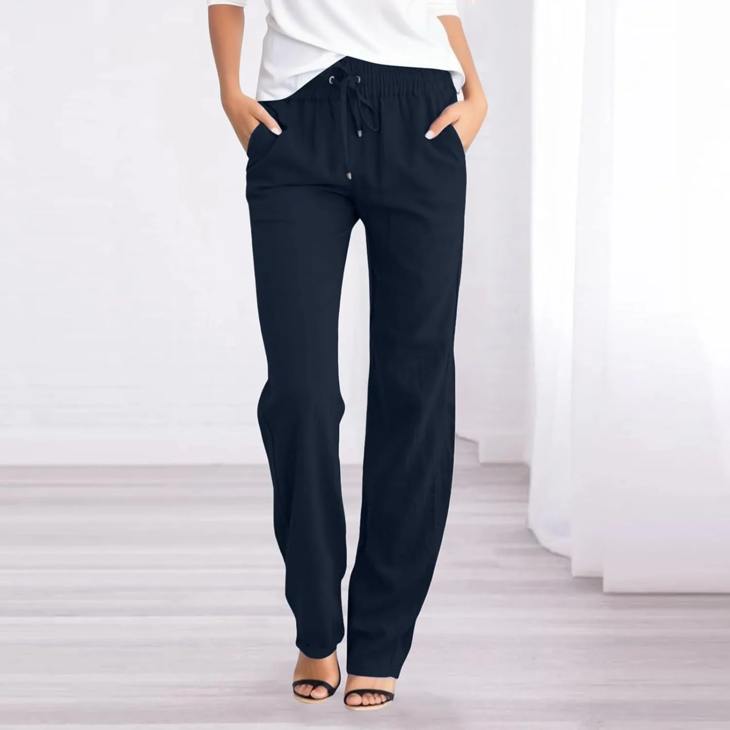 DASAYO Linen Pants Women Drawstring Elastic Waist Straight Leg Trousers Ladies Lightweight Casual Summmer Pants with Pockets