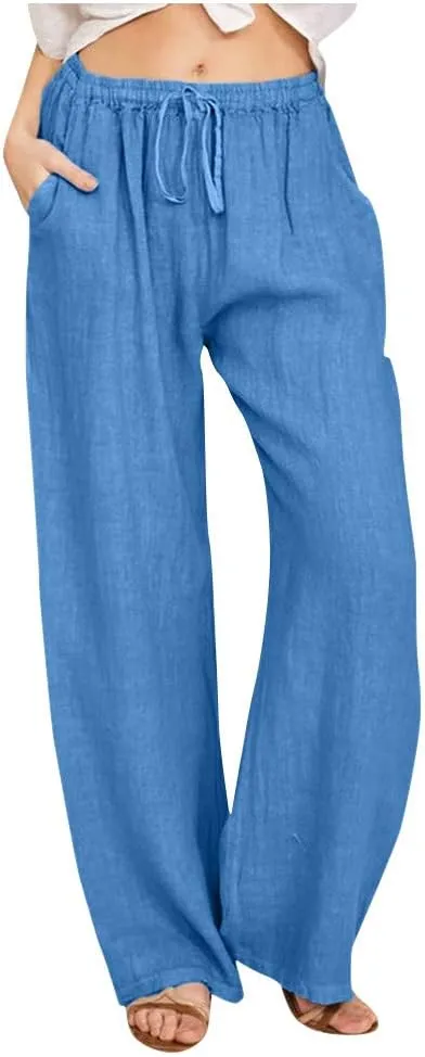 DASAYO Linen Pants Women Summer Wide Leg Pants Drawstring Elastic Waist Loose Palazzo Casual Boho Beach Trousers with Pcokets