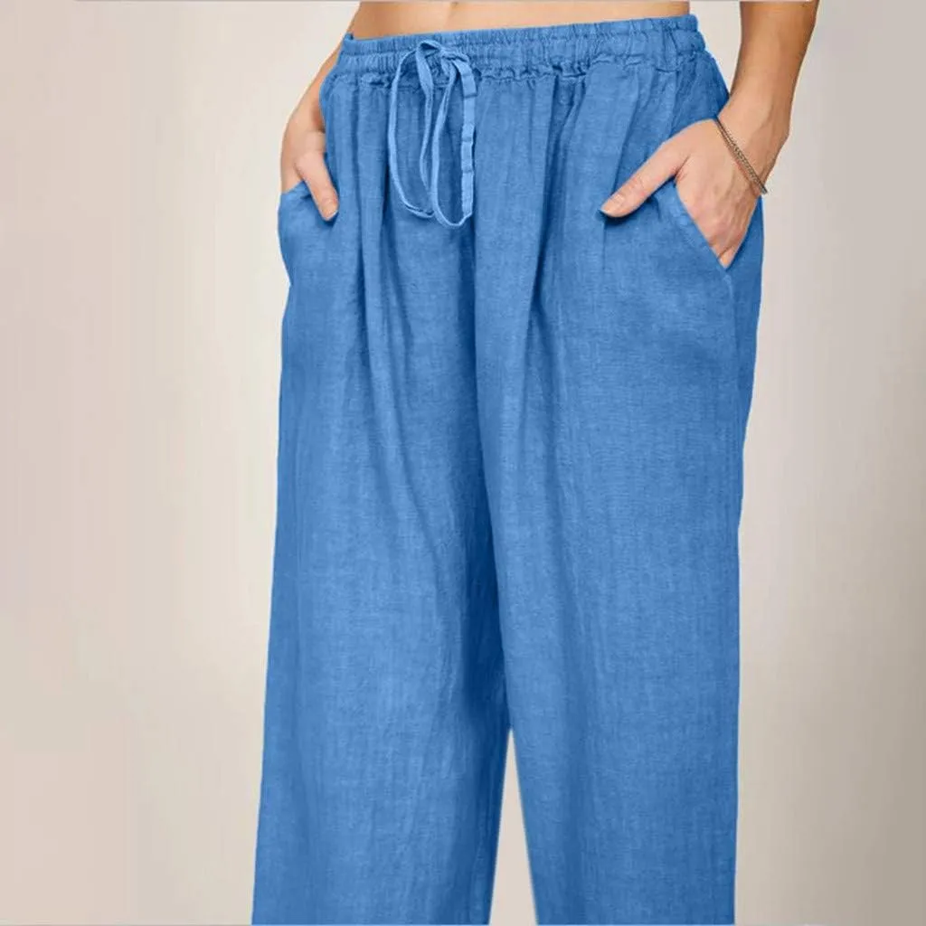 DASAYO Linen Pants Women Summer Wide Leg Pants Drawstring Elastic Waist Loose Palazzo Casual Boho Beach Trousers with Pcokets