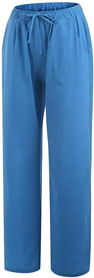 DASAYO Linen Pants Women Summer Wide Leg Pants Drawstring Elastic Waist Loose Palazzo Casual Boho Beach Trousers with Pcokets