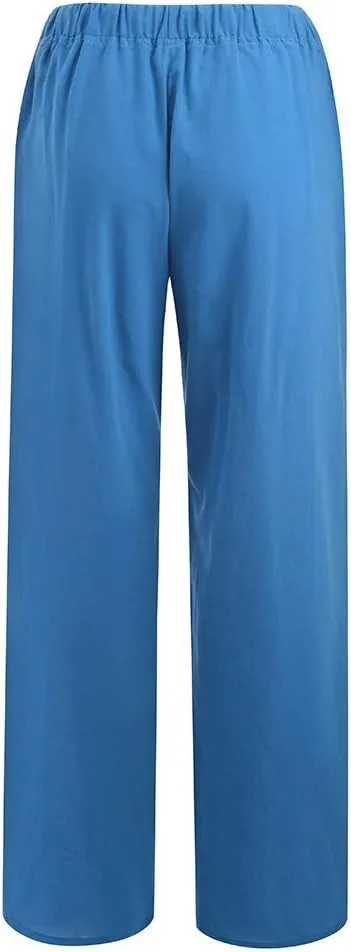 DASAYO Linen Pants Women Summer Wide Leg Pants Drawstring Elastic Waist Loose Palazzo Casual Boho Beach Trousers with Pcokets